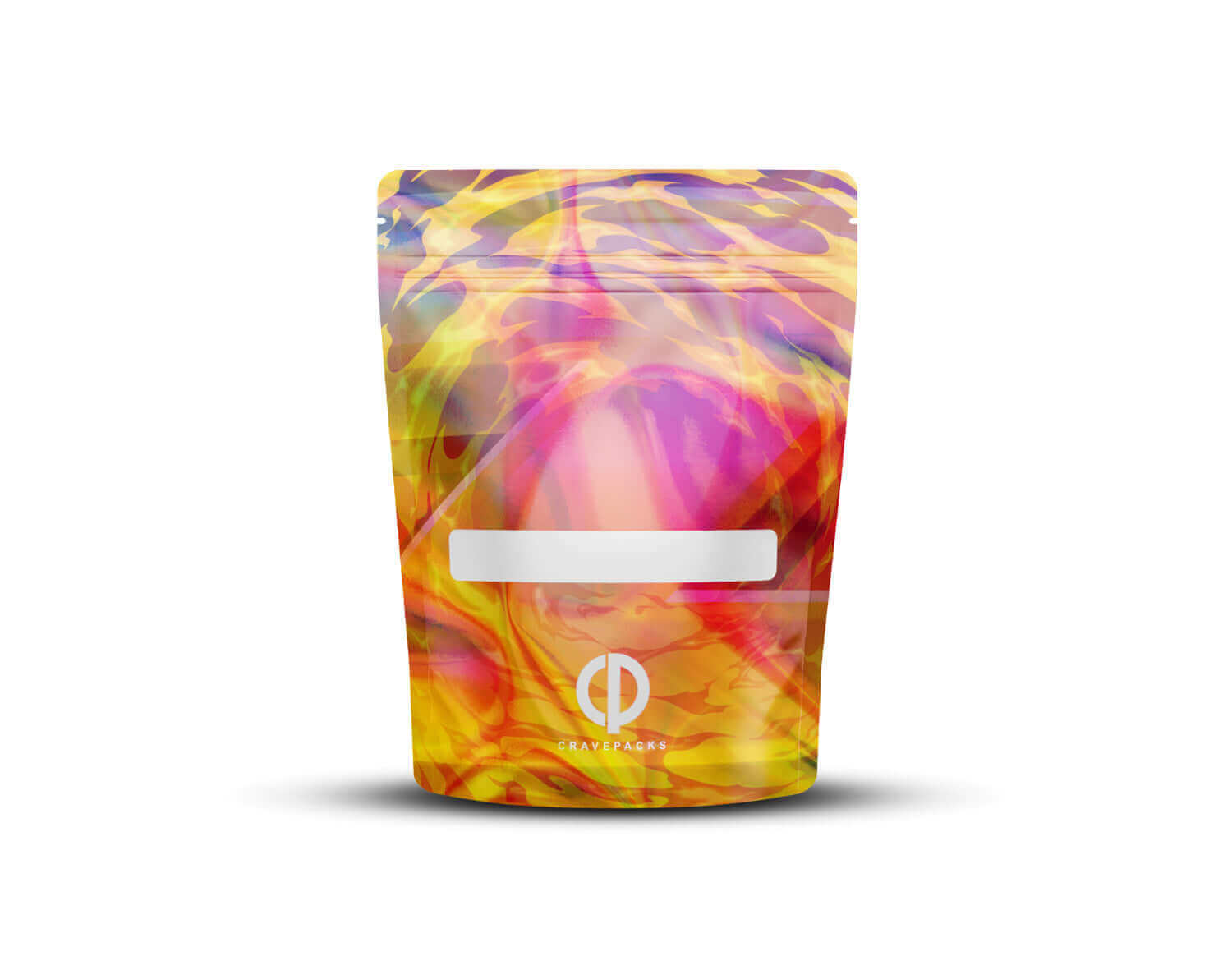 Achterkant van een holografische Mylar bag met het ontwerp 'Blaze Breath'.