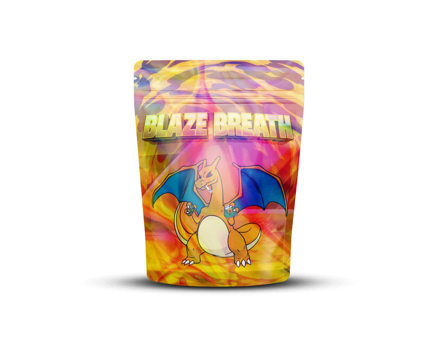 Voorkant van een holografische Mylar bag met het ontwerp 'Blaze Breath'.