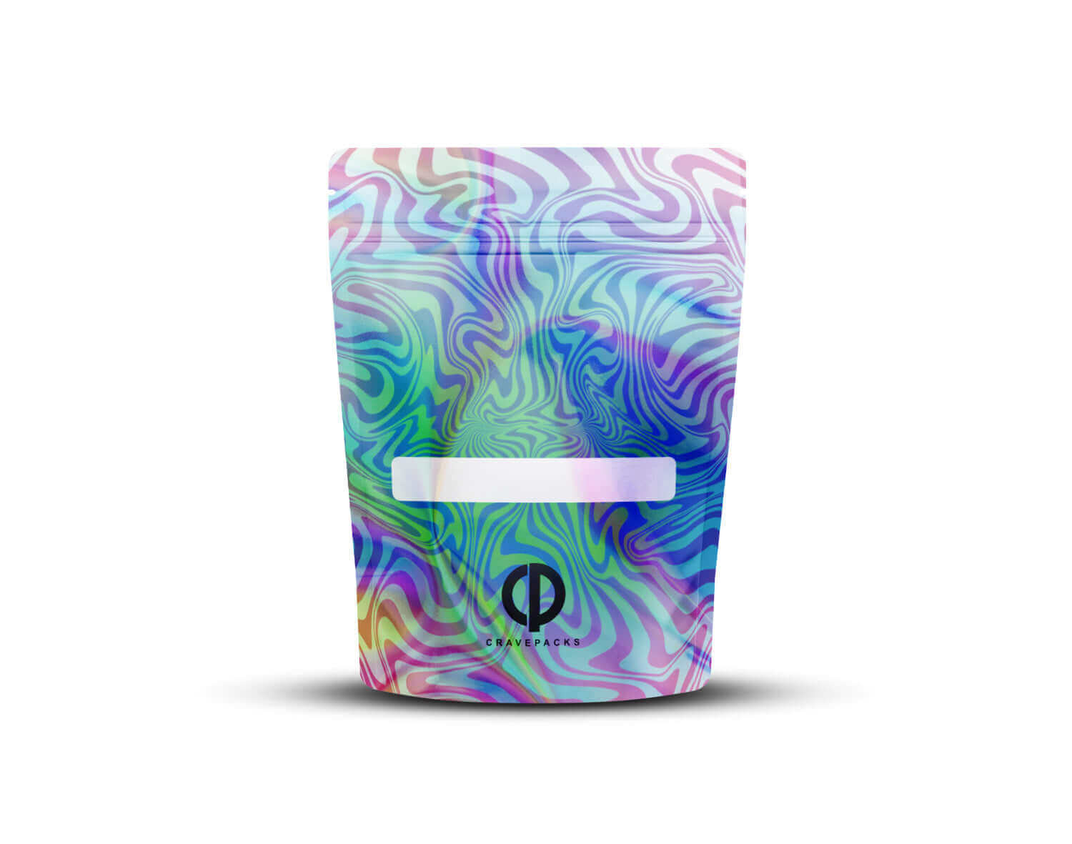 Achterkant van een holografische Mylar bag met het ontwerp 'Cartoon'.