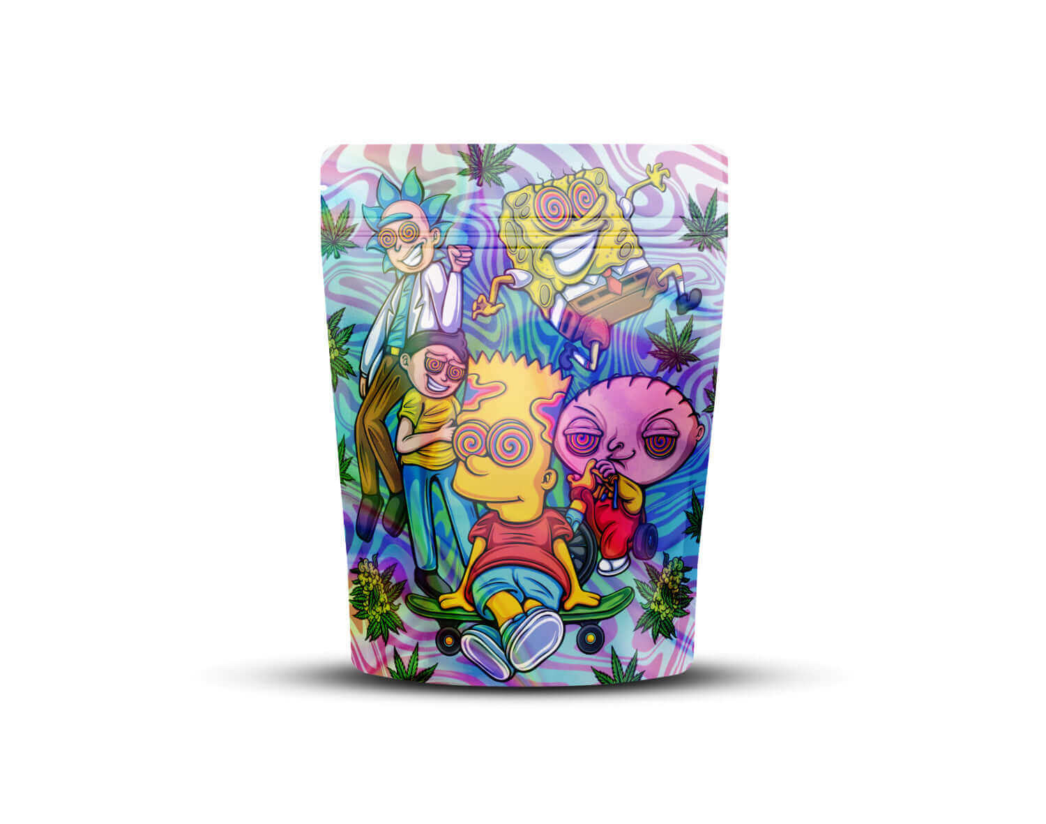 Voorkant van een holografische Mylar bag met het ontwerp 'Cartoon'.
