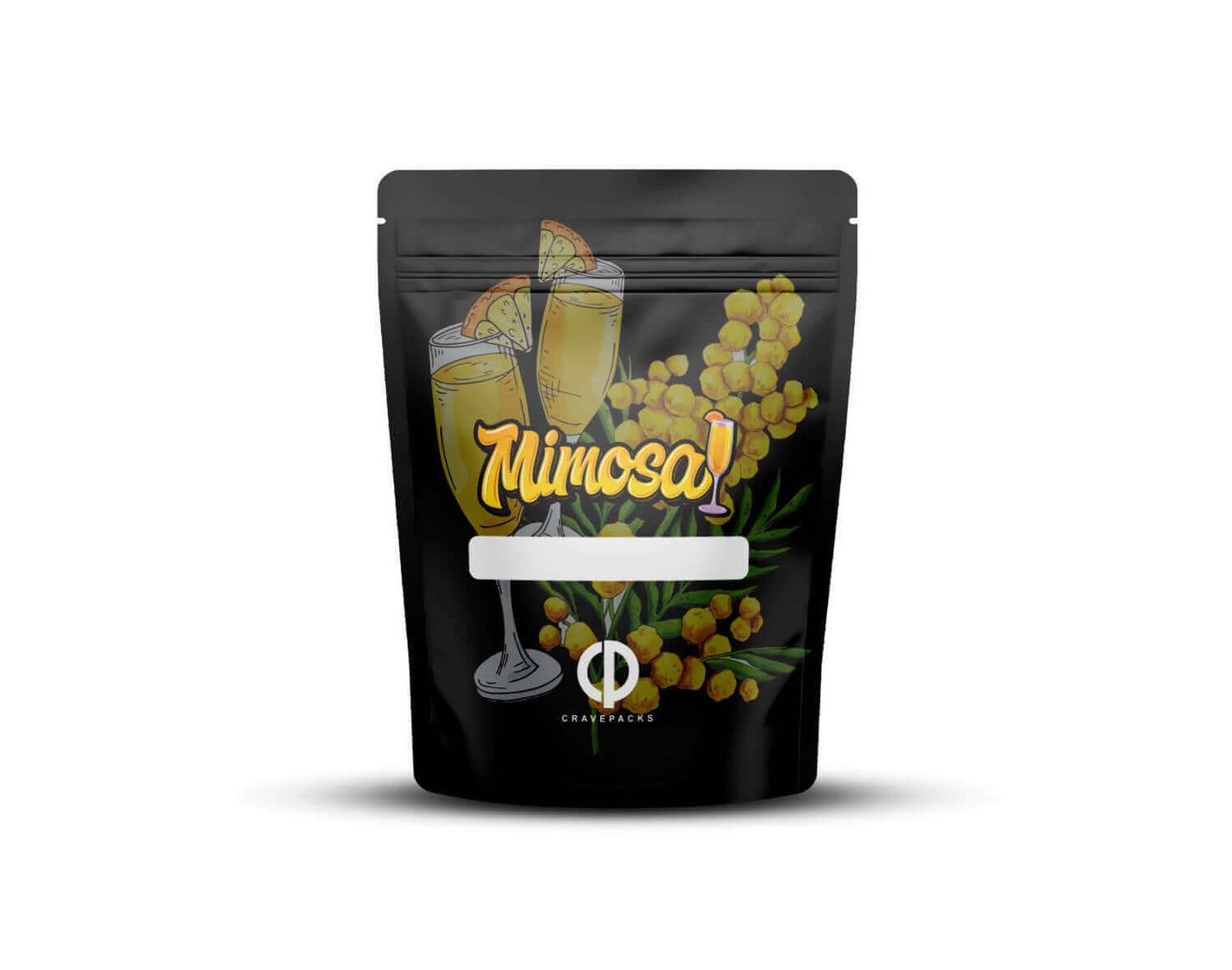 Achterkant van een matte Mylar bag met het ontwerp 'Mimosa'.