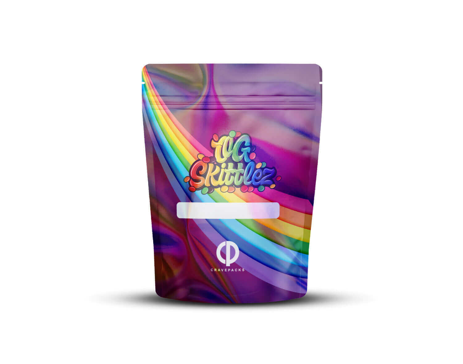 Achterkant van een holografische Mylar bag met het ontwerp 'OG Skittlez'.
