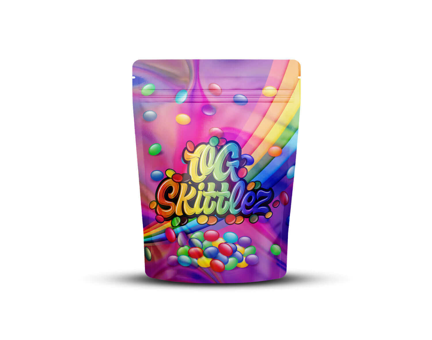 Voorkant van een holografische Mylar bag met het ontwerp 'OG Skittlez'.
