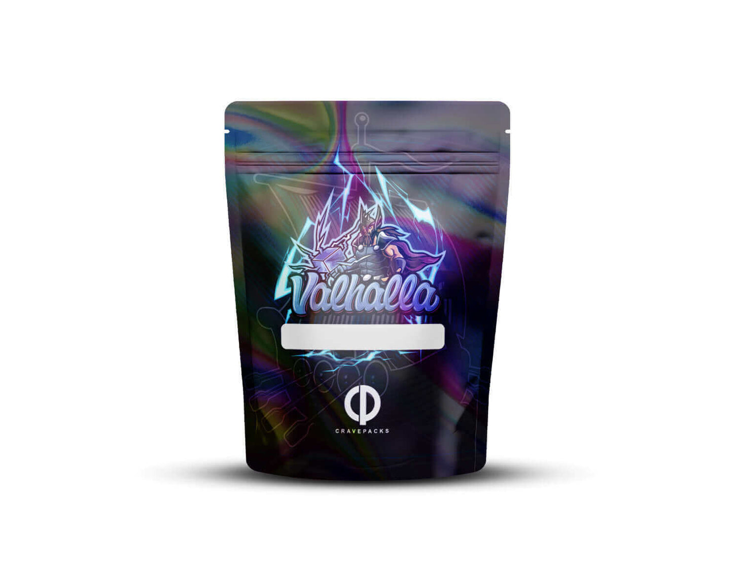Achterkant van een holografische Mylar bag met het ontwerp 'Valhalla'.
