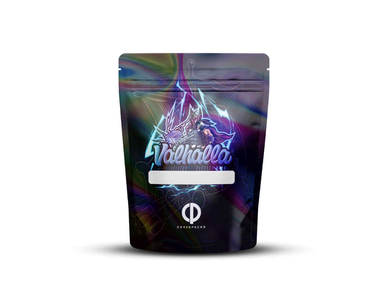 Achterkant van een holografische Mylar bag met het ontwerp 'Valhalla'.