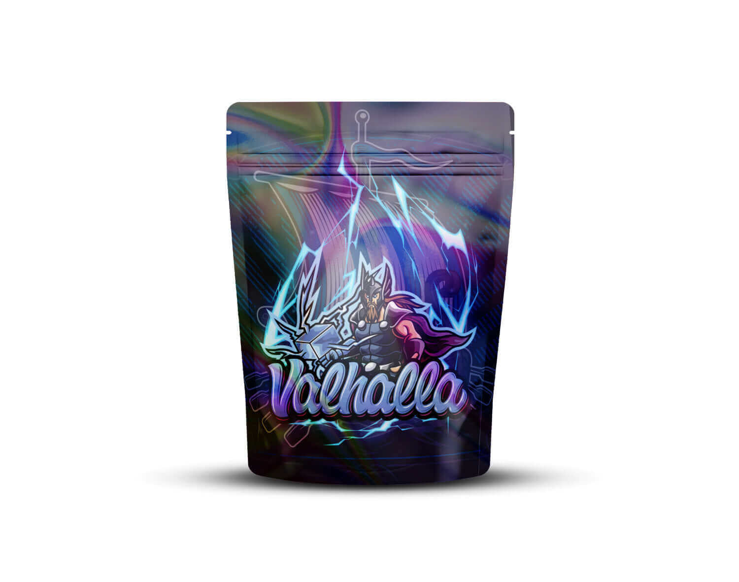 Voorkant van een holografische Mylar bag met het ontwerp 'Valhalla'.