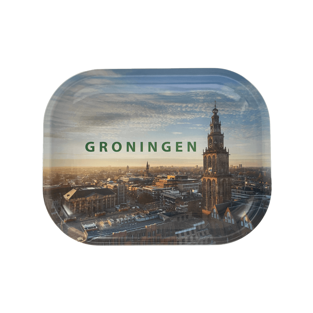 Voorkant van een rolling tray met een foto van de stad Groningen 