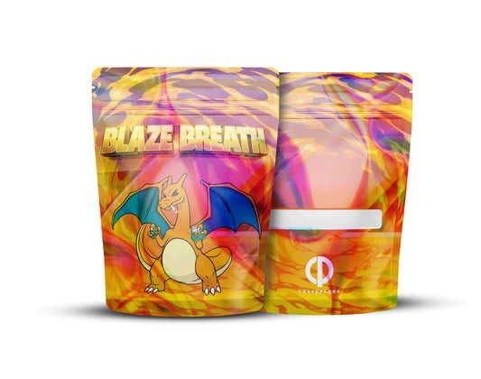 Voorkant en achterkant van een holografische Mylar bag met het ontwerp 'Blaze Breath'.