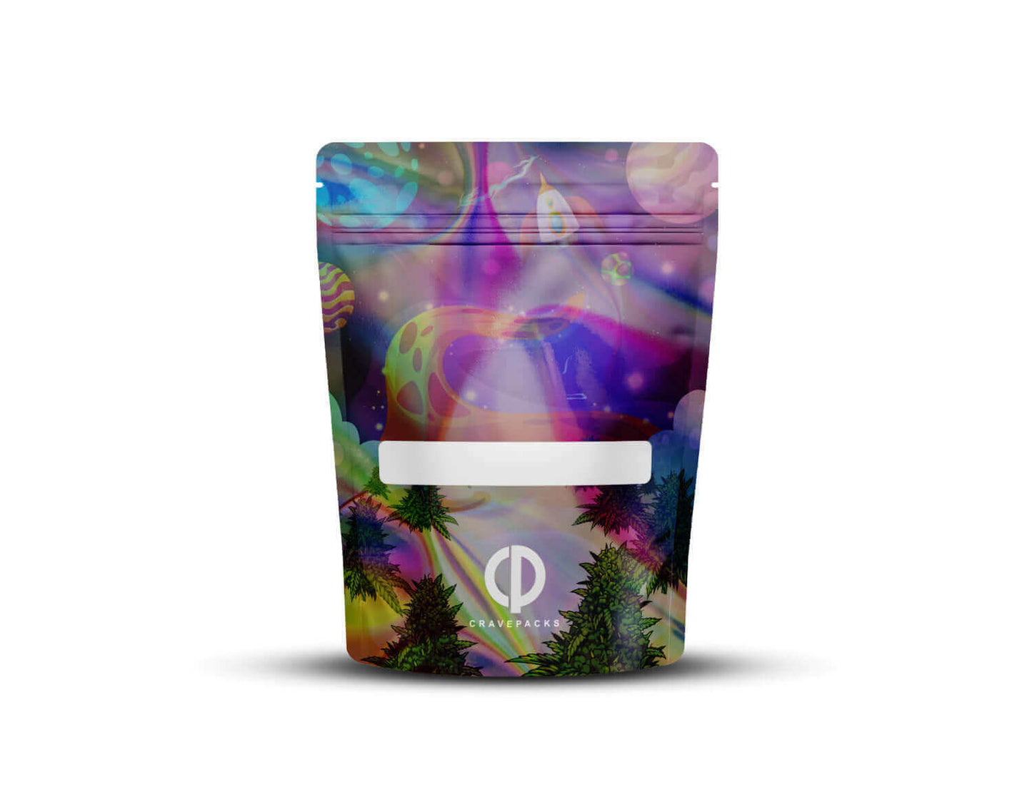 Achterkant van een holografische Mylar bag met het ontwerp 'Galactic Green Growers'.