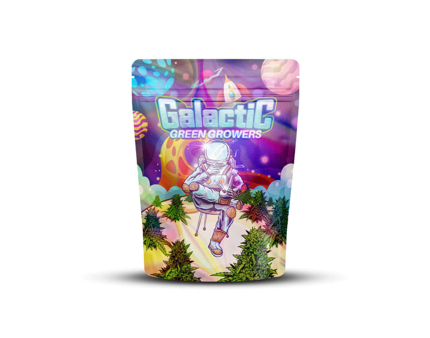 Voorkant van een holografische Mylar bag met het ontwerp 'Galactic Green Growers'.