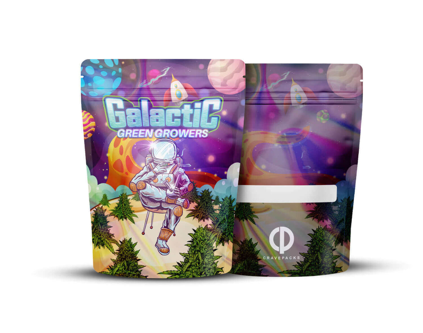 Voorkant en achterkant van een holografische Mylar bag met het ontwerp 'Galactic Green Growers'.