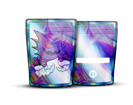 Voorkant en achterkant van een holografische Mylar bag met het ontwerp 'Haunter'.