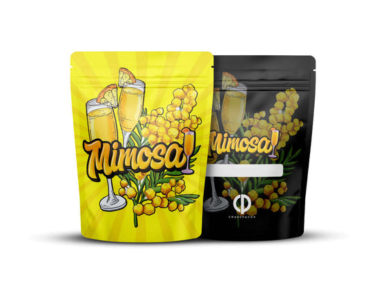 Voorkant en achterkant van een matte Mylar bag met het ontwerp 'Mimosa'.