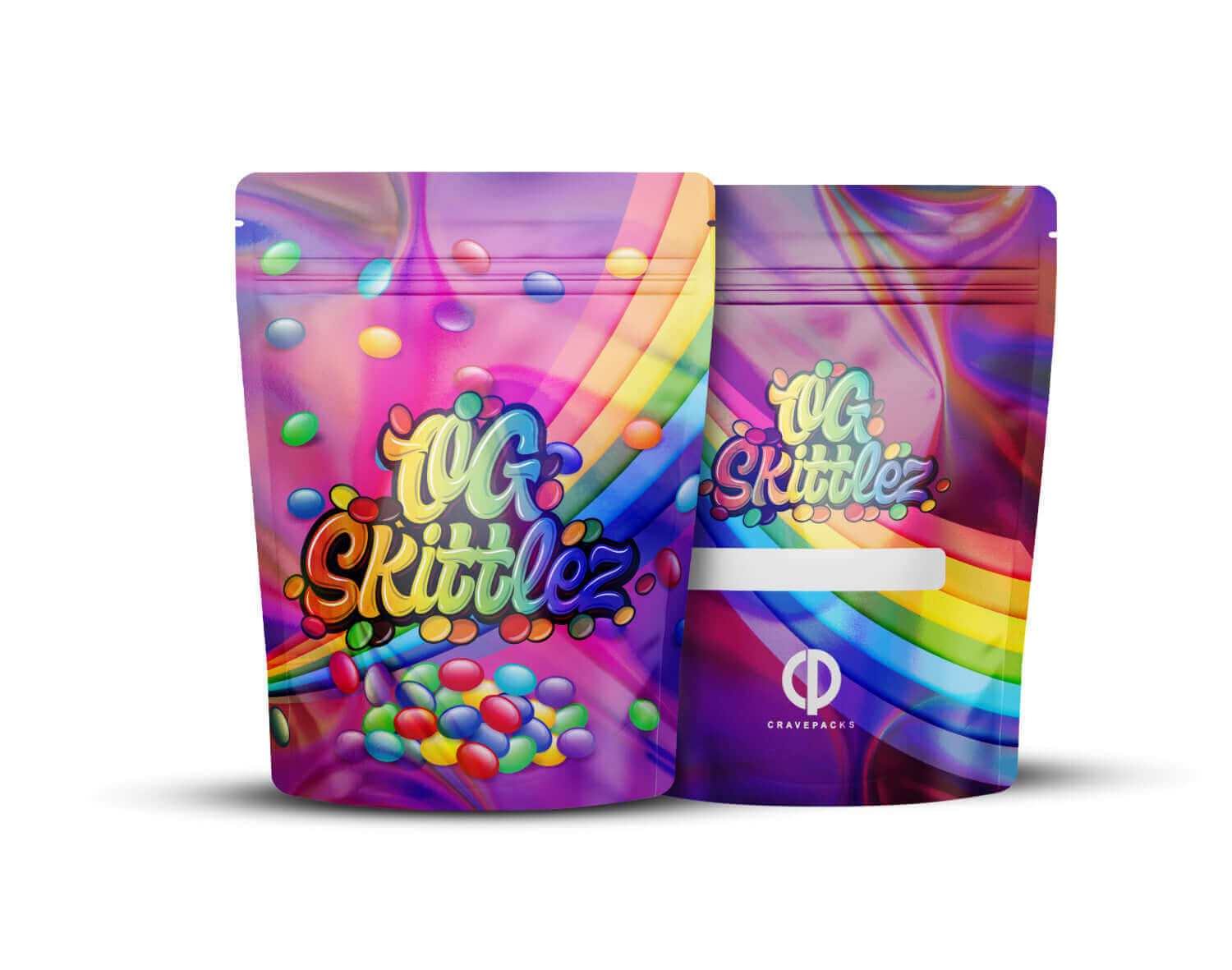 Voorkant en achterkant van een holografische Mylar bag met het ontwerp 'OG Skittlez'.