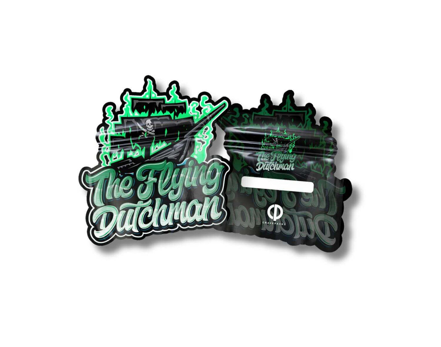 Voorkant en achterkant van een die cut Mylar bag met het ontwerp 'The Flying Dutchman'.