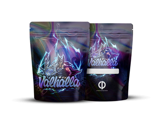 Voorkant en achterkant van een holografische Mylar bag met het ontwerp 'Valhalla'.